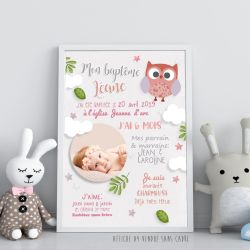 Affiche de baptême personnalisée à encadrer - Chouette - Rose